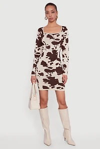 Womens Printed Pattern Long Sleeve Square Neck Sweater Dress,