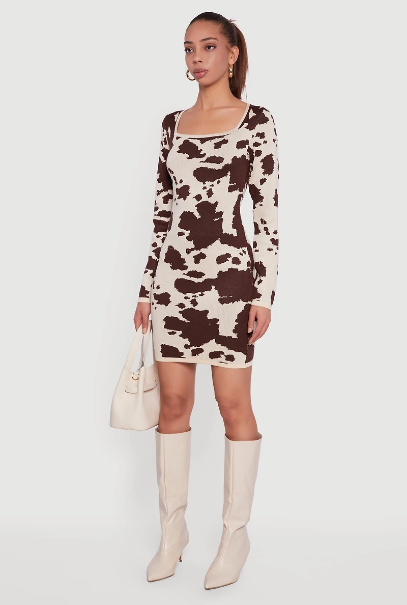 Printed Pattern Long Sleeve Square Neck Sweater Dress