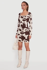 Printed Pattern Long Sleeve Square Neck Sweater Dress