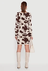 Womens Printed Pattern Long Sleeve Square Neck Sweater Dress,