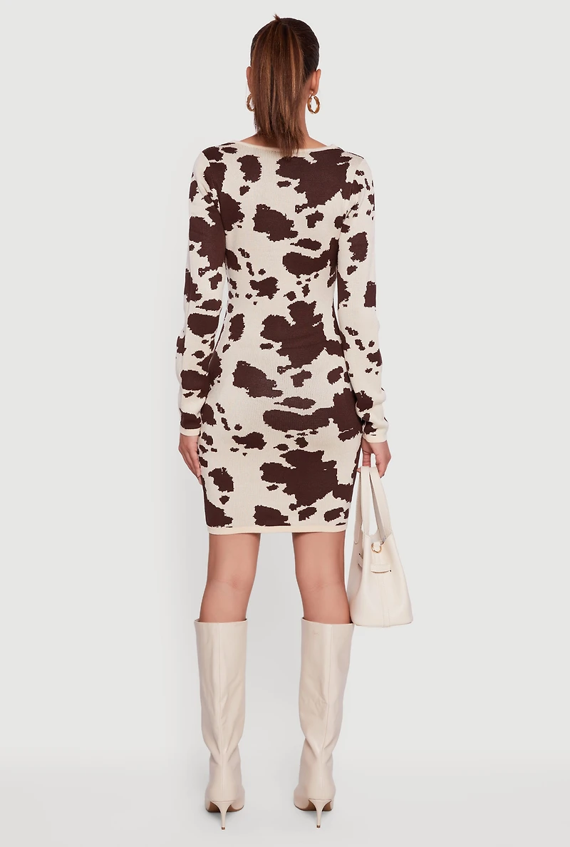 Printed Pattern Long Sleeve Square Neck Sweater Dress