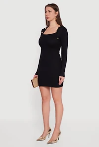 Womens Long Sleeve Square Neck Mini Sweater Dress, Black, Size S