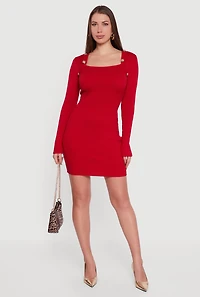 Womens Long Sleeve Square Neck Mini Sweater Dress,
