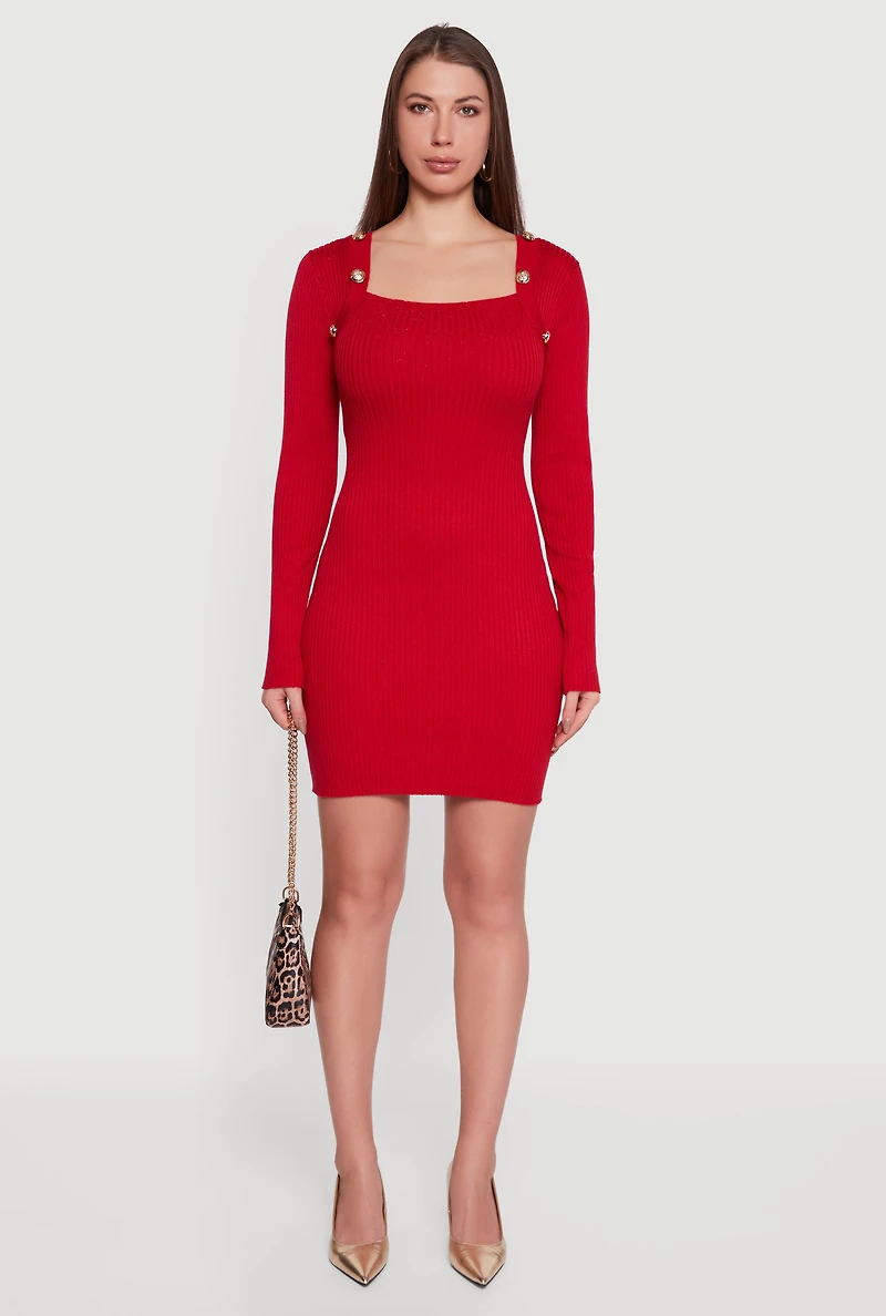 Womens Long Sleeve Square Neck Mini Sweater Dress,