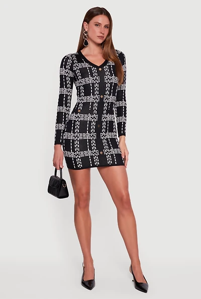 Womens Patterned V-Neck Long Sleeve Mini Sweater Dress, Black, Size M