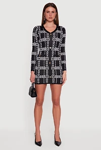 Womens Patterned V-Neck Long Sleeve Mini Sweater Dress, Black, Size XL
