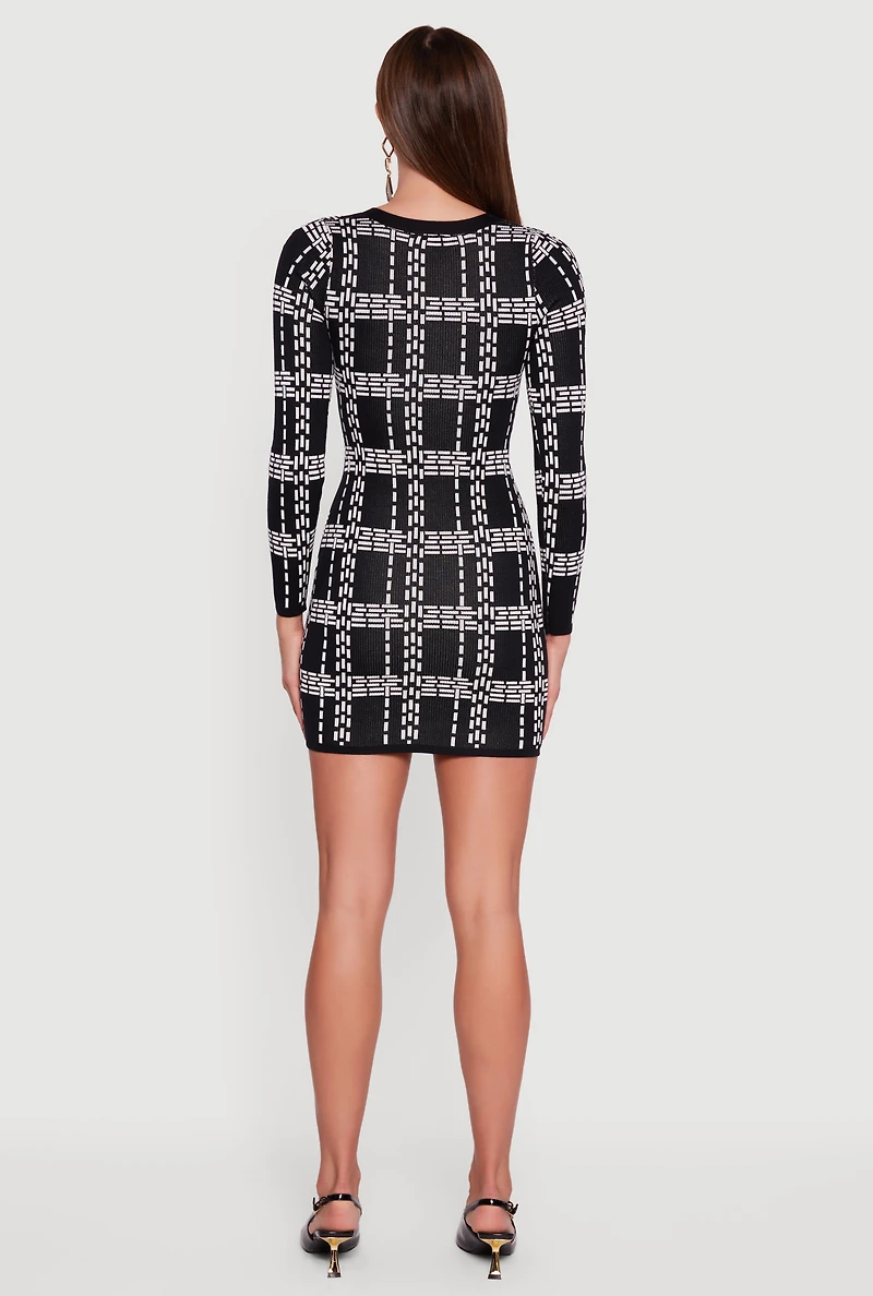 Patterned V-Neck Long Sleeve Mini Sweater Dress