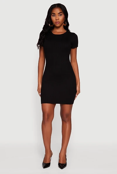Womens Short Sleeve Ribbed Knit Sweater Dress,
