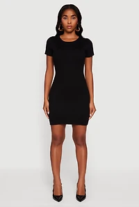 Womens Short Sleeve Ribbed Knit Sweater Dress,