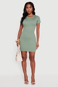 Short Sleeve Ribbed Knit Sweater Dress