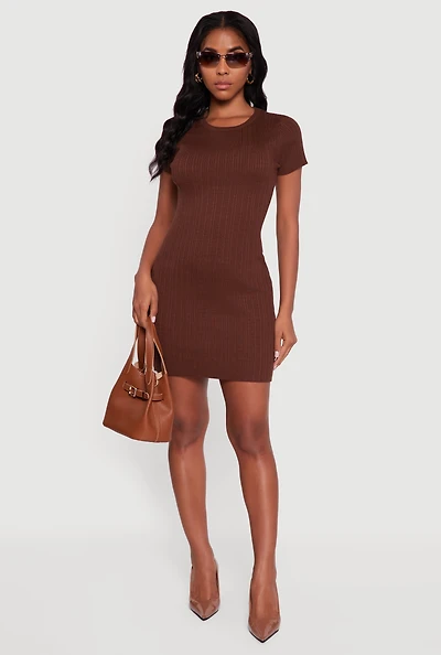 Short Sleeve Ribbed Knit Sweater Dress