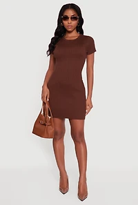 Short Sleeve Ribbed Knit Sweater Dress