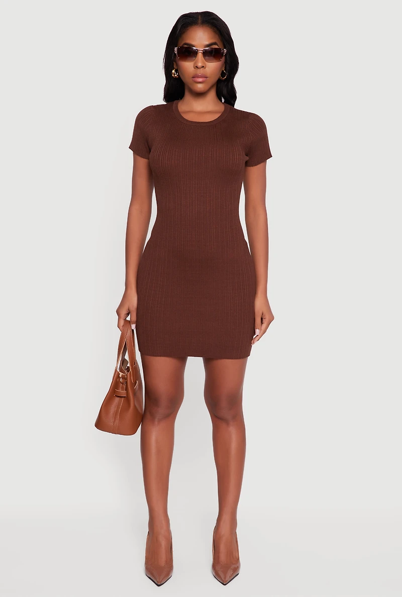 Short Sleeve Ribbed Knit Sweater Dress