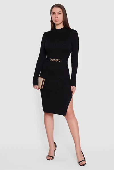 Chain Belted Front Side Slit Sweater Dress