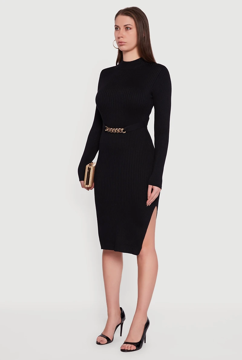 Chain Belted Front Side Slit Sweater Dress