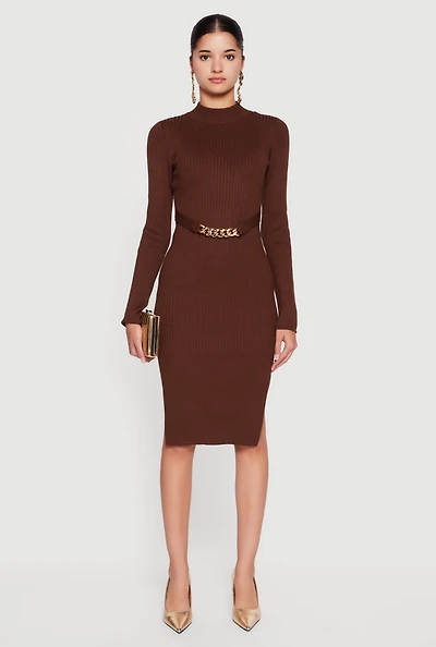 Chain Belted Front Side Slit Sweater Dress