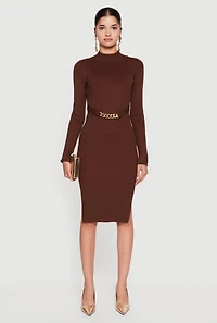 Chain Belted Front Side Slit Sweater Dress