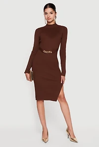 Chain Belted Front Side Slit Sweater Dress