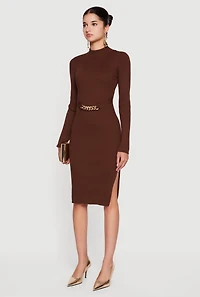 Chain Belted Front Side Slit Sweater Dress
