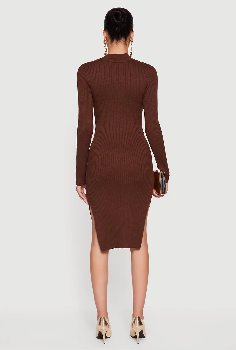 Chain Belted Front Side Slit Sweater Dress