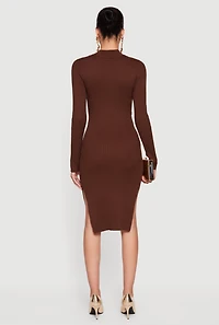 Chain Belted Front Side Slit Sweater Dress