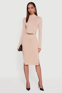 Womens Chain Belted Front Side Slit Sweater Dress, Beige,