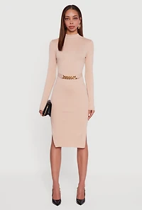 Womens Chain Belted Front Side Slit Sweater Dress, Beige,