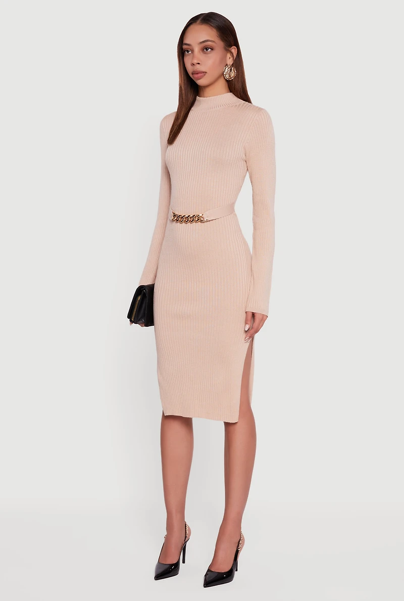 Womens Chain Belted Front Side Slit Sweater Dress,