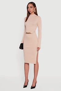 Womens Chain Belted Front Side Slit Sweater Dress,