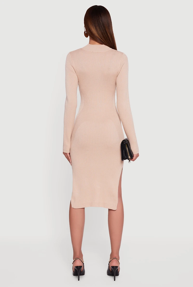 Womens Chain Belted Front Side Slit Sweater Dress, Beige,