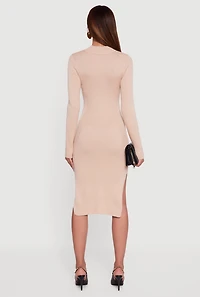 Womens Chain Belted Front Side Slit Sweater Dress, Beige,