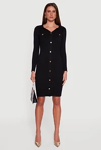 Womens Collared Rib Knit Button Detail Midi Sweater Dress, Black, Size XL