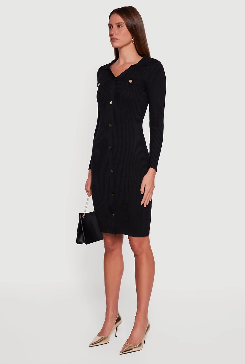 Collared Rib Knit Button Detail Midi Sweater Dress