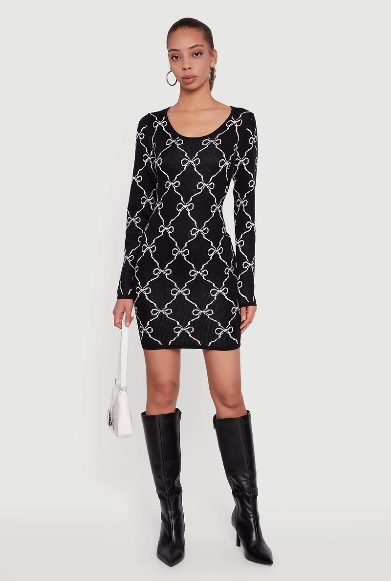 Womens Long Sleeve Scoop Neck Printed Pattern Sweater Dress, Black, Size L