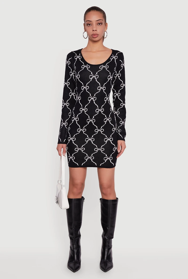 Long Sleeve Scoop Neck Printed Pattern Sweater Dress