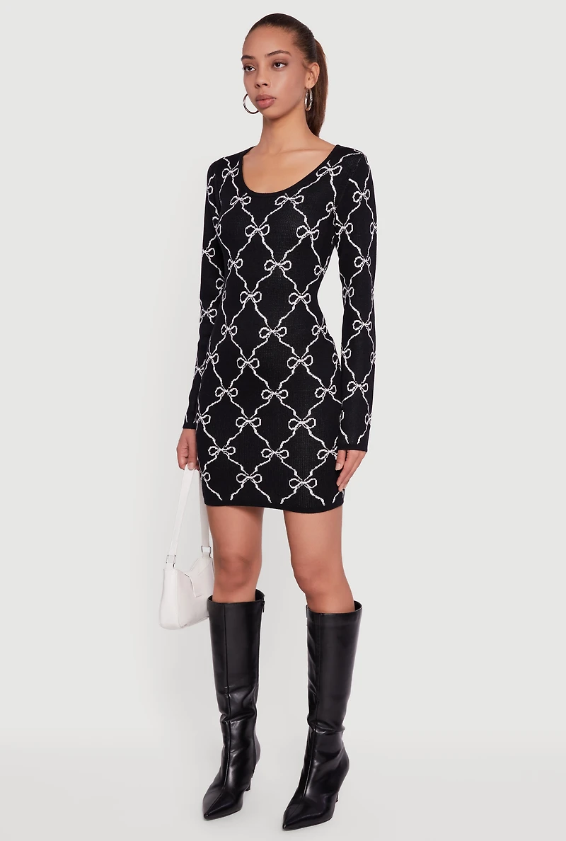 Long Sleeve Scoop Neck Printed Pattern Sweater Dress