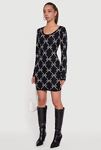 Long Sleeve Scoop Neck Printed Pattern Sweater Dress