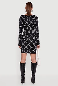 Womens Long Sleeve Scoop Neck Printed Pattern Sweater Dress,