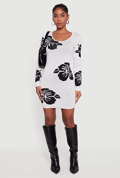 Long Sleeve Scoop Neck Printed Pattern Sweater Dress