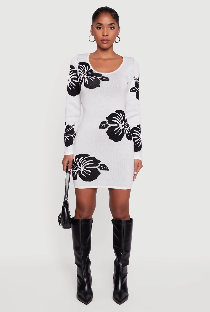 Long Sleeve Scoop Neck Printed Pattern Sweater Dress
