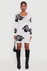 Long Sleeve Scoop Neck Printed Pattern Sweater Dress