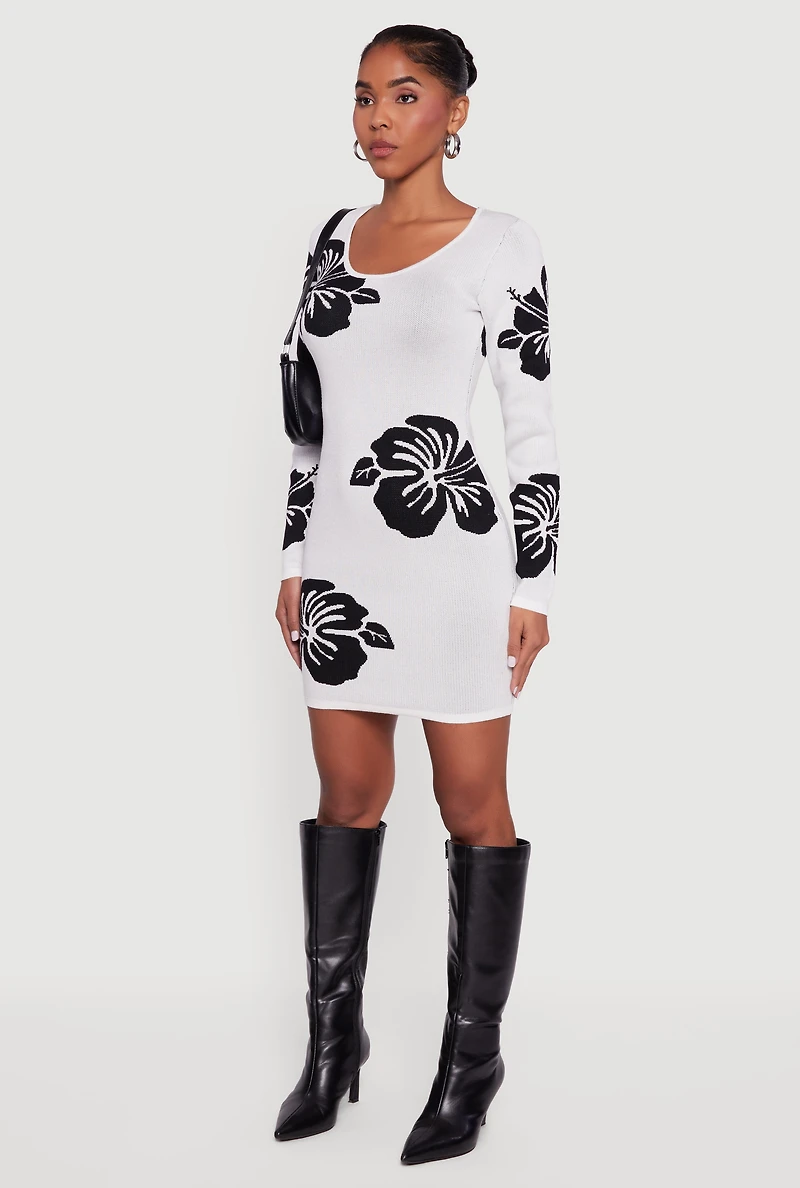 Long Sleeve Scoop Neck Printed Pattern Sweater Dress