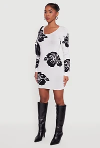 Long Sleeve Scoop Neck Printed Pattern Sweater Dress