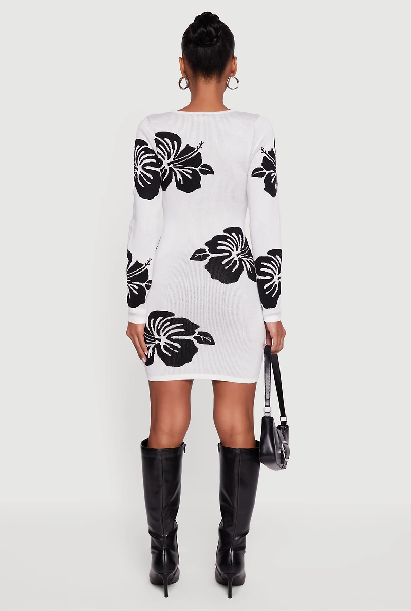 Long Sleeve Scoop Neck Printed Pattern Sweater Dress
