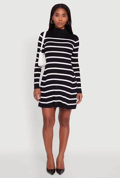 Womens Rib Knit Striped Long Sleeve Sweater Dress,