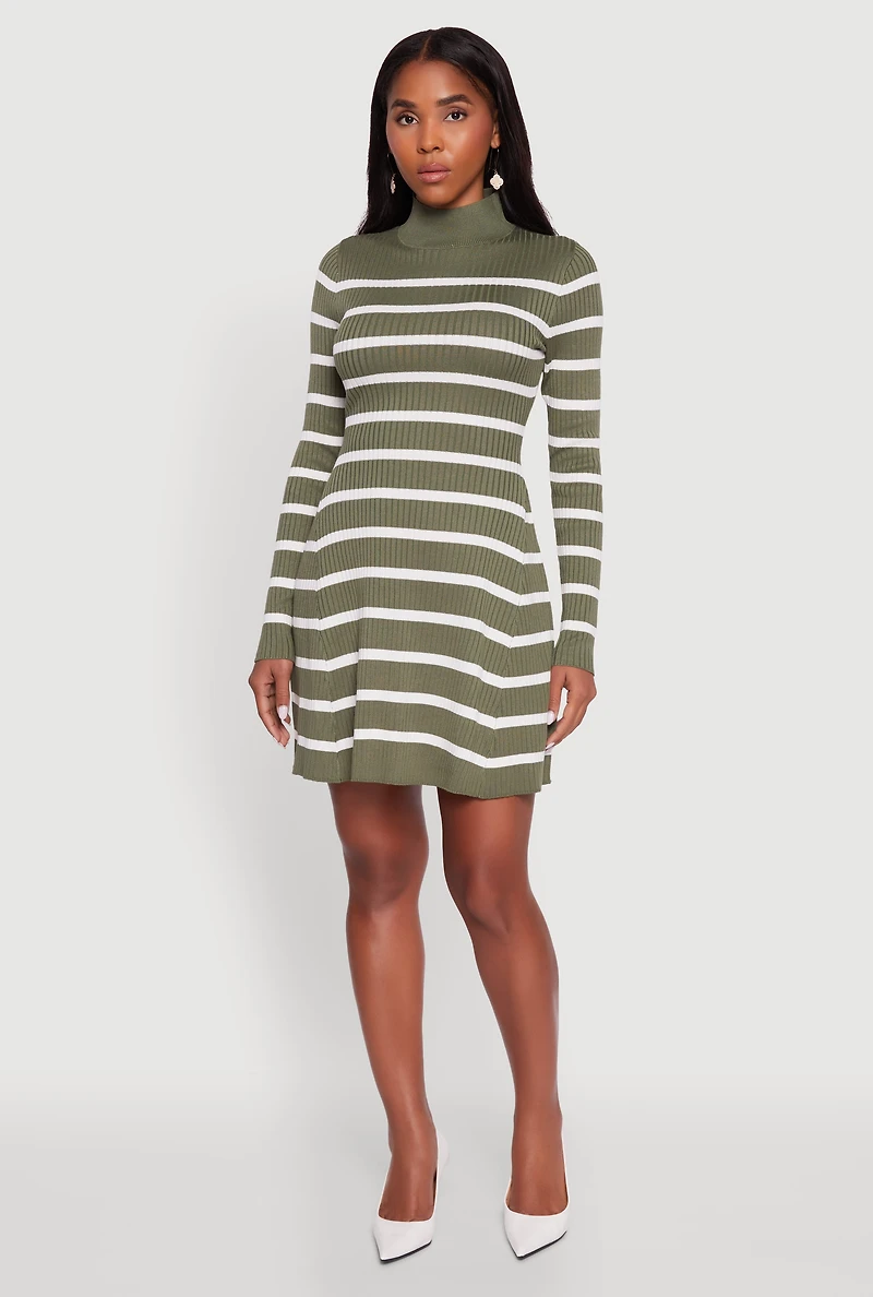 Womens Rib Knit Striped Long Sleeve Sweater Dress, Green,