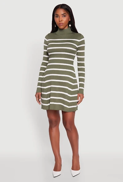 Womens Rib Knit Striped Long Sleeve Sweater Dress, Green,