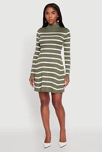 Womens Rib Knit Striped Long Sleeve Sweater Dress, Green,