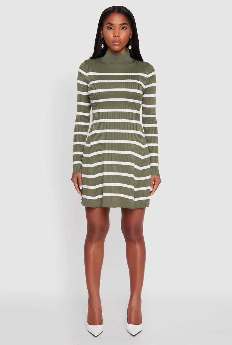 Womens Rib Knit Striped Long Sleeve Sweater Dress, Green,