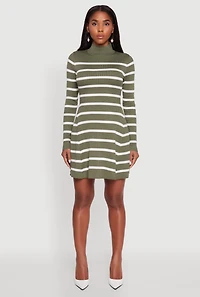 Womens Rib Knit Striped Long Sleeve Sweater Dress, Green,